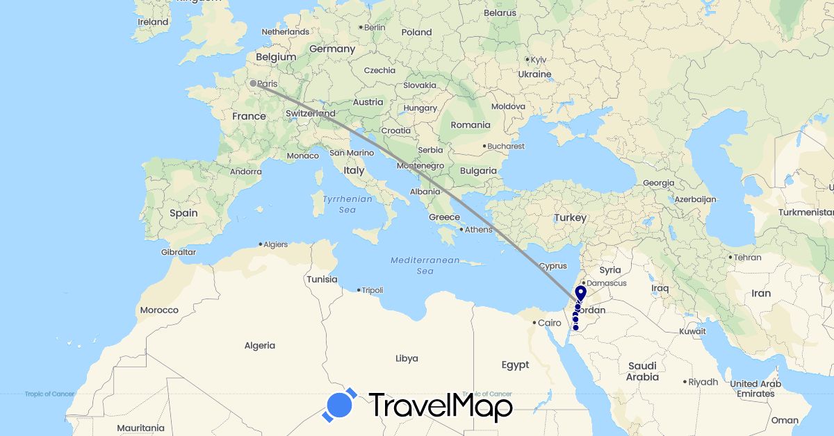 TravelMap itinerary: driving, plane in France, Jordan (Asia, Europe)